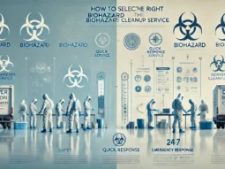 A professional and clean background with a subtle gradient from light blue to white, symbolizing safety and trust. Faint biohazard symbols are tastefully overlaid in the background. In the foreground, a team of professionals in protective gear (suits, gloves, masks) is working diligently in a controlled environment. A before-and-after visual is depicted: one side showing a contaminated area with hazardous materials, and the other side showing a clean, safe space. Bold, modern text overlay reads: 'How To Select The Right Biohazard Cleanup Service' with a subtext: 'Expert Tips for Safety and Peace of Mind'. The Denver Decon logo is prominently placed in one corner. Icons representing safety (shield), quick response (clock), and certifications (checklist) are subtly included. A '24/7 Emergency Service' badge or ribbon highlights availability. The color scheme consists of calming blue, white, and gray, with touches of green and yellow for safety and cleanliness.