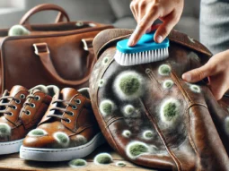 close-up of a person cleaning mold from a leather jacket. The leather has visible mold spots, and the person is using a soft brush to gently remove the mold.