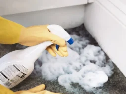 close shot of a hand spraying carpet cleaning solution on the carpet with mold.