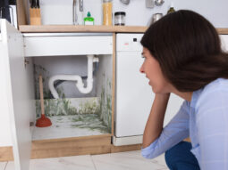 a woman looking worriedly mold under sink cabnet